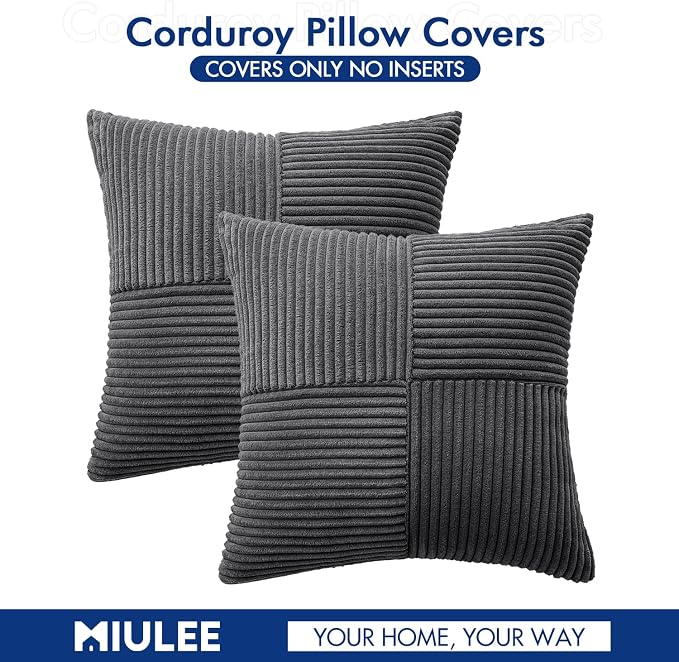 MIULEE Grey Decorative Throw Pillow Covers for Couch 18x18 Inch | 2 Pack, Boho Farmhouse Pillow Covers, Soft Cross Corduroy Patchwork Textured Cushion Cases For Bed Sofa
