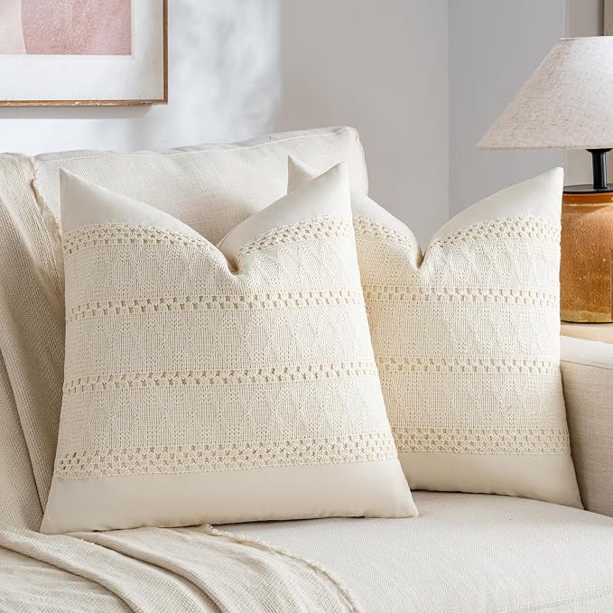 Fancy Homi Set of 1 Boho Cream Decorative Throw Pillow Cover 16x16 Inch for Couch Bed Sofa, Aesthetic Modern Organic Farmhouse Home Decor, Soft Cotton Cute Accent Macrame Woven Cushion Case