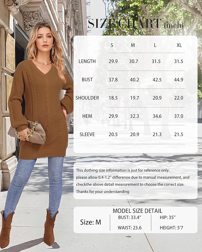 Women's Pullovers Jumper Sweaters Lantern Sleeve Casual V Neck Fall Knit Mini Sweater Dresses