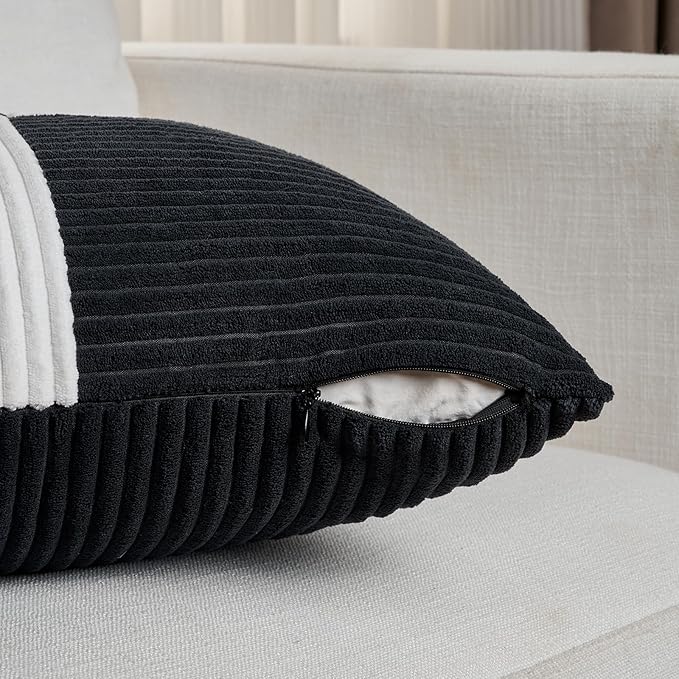 Fancy Homi Set of 1 Black and White Lumbar Decorative Throw Pillow Covers 12x20 Inch for Living Room Bedroom Couch Bed Sofa, Soft Striped Corduroy Modern Rectangle Accent Cushion Case 30x50 cm