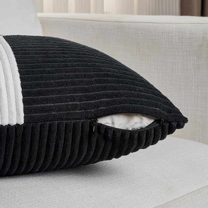 Fancy Homi Set of 1 Black and White Boho Long Lumbar Body Decorative Throw Pillow Cover 21x54 Inch for Bed Couch Bedroom Bench, Soft Patchwork Corduroy Textured Pillow Case, Modern Room Decor