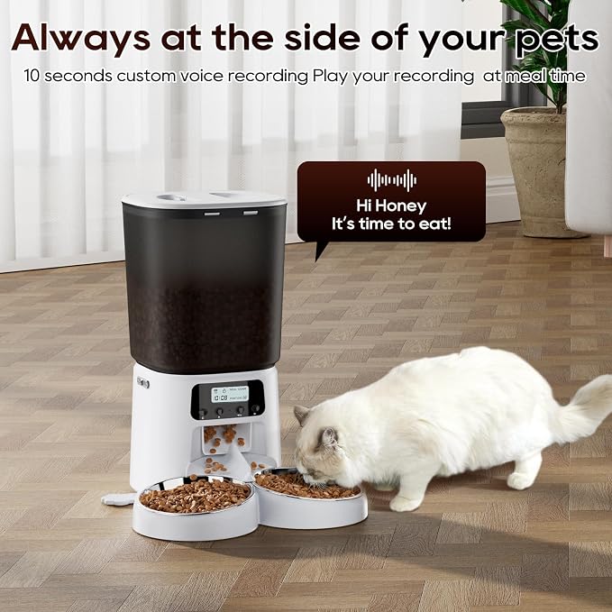 Petrice Automatic Cat Feeder for 2 Cats, 6L/25 Cups Cat Food Dispenser Programmable 30 Portions 6 Meals per Day, Timed Pet Feeder for Kitty Small Dogs with 10S Voice Record, Easy Setup, White