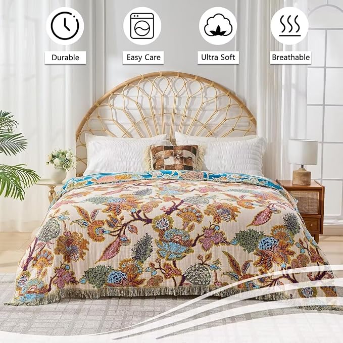 Boho Throw Blanket Farmhouse Decor Throw Blanket Bohemian Blanket for Bed 100% Cotton Muslin Woven Couch Blanket All Seasons Quilt Bedroom (E-Beige, 60"x80")