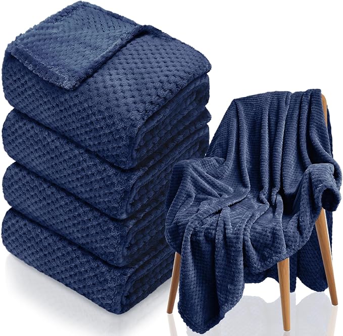 4 Pack Fleece Throw Blankets 50x60 Inches - 270 GSM Ultra Soft Plush Flannel for Bed Couch Sofa, Lightweight Warm 3D Waffle Texture, No Shedding No Pilling All Season Throw (Navy Blue)