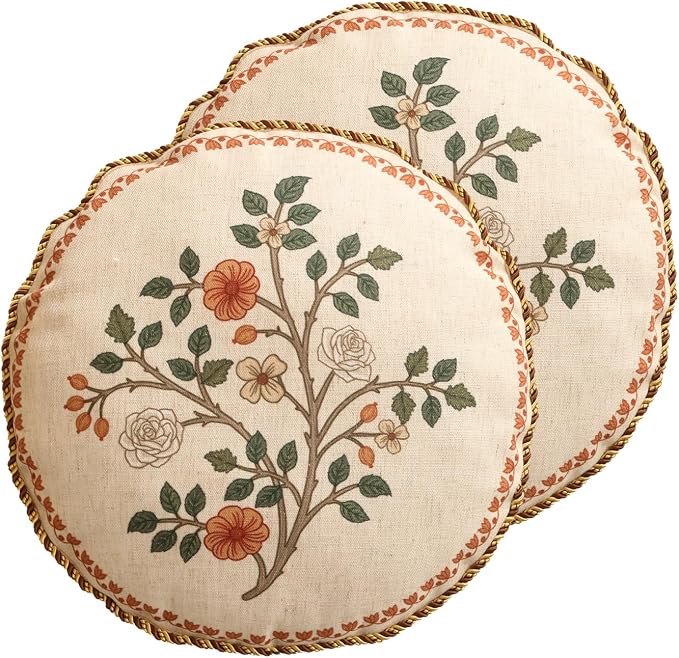 Designer Linen Throw Pillow Cover,Set of 2,Diameter 16"-Flora B | Vintage French Round Decor Pillow Cover,Concealed Zipper Design,Floral Pattern,Sofas,Bedroom,Living Room,Lounge Chairs