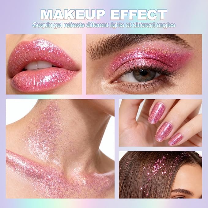 Erinde Holographic Body Glitter Gel, Roll-On Face Hair Glitter for Mermaid Makeup Festival Party Rave Accessories, Chunky Sequins Chameleon Shimmer Christmas Makeup for Women Girls, 05 Cherry Glow