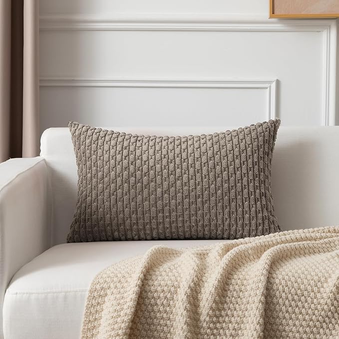Kevin Textile Soft Corduroy 14"x20" Lumbar Pillow Cover 1 Pack, Light Brown | Boho Stripe Plush Corduroy Decorative Oblong Cushion Cover Modern Farmhouse Home Decor for Sofa Couch Bed Chair