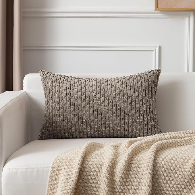 Kevin Textile Soft Corduroy 14"x24" Lumbar Pillow Cover 1 Pack, Light Brown | Boho Stripe Plush Corduroy Decorative Oblong Cushion Cover Modern Farmhouse Home Decor for Sofa Couch Bed Chair