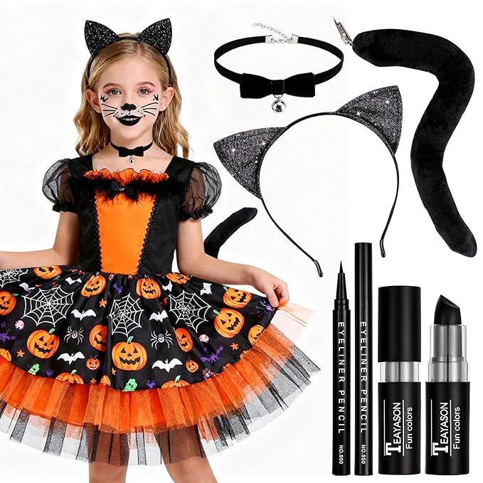 Halloween Black Cat Makeup Kit, Ears Headband, Black Lipstick, Eyeliner, Tail, and Bell Collar, Costume Accessories for Cosplay Party SFX Makeup