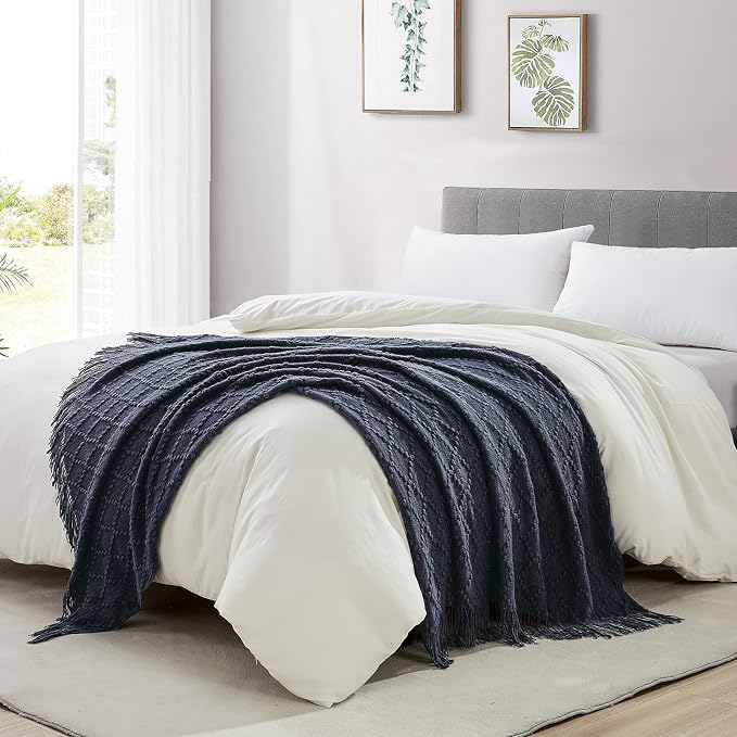 BOURINA Navy Throw Blanket 50 x70 Inch Jacquard Throw Knitted Blanket | Jacquard Argyle Throw Textured Solid Soft Throws and Blankets for Sofa or Bed Knitted Decorative Blanket