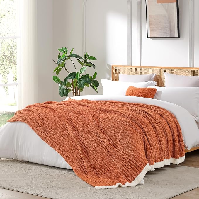 Snuggle Sac Fluffy Fall Bedding Blanket Twin Size, Soft Luxurious Knit Throws, Fuzzy Microfiber Blankets for Couch, Sofa, Bed, Burnt Orange, 60x80 inches