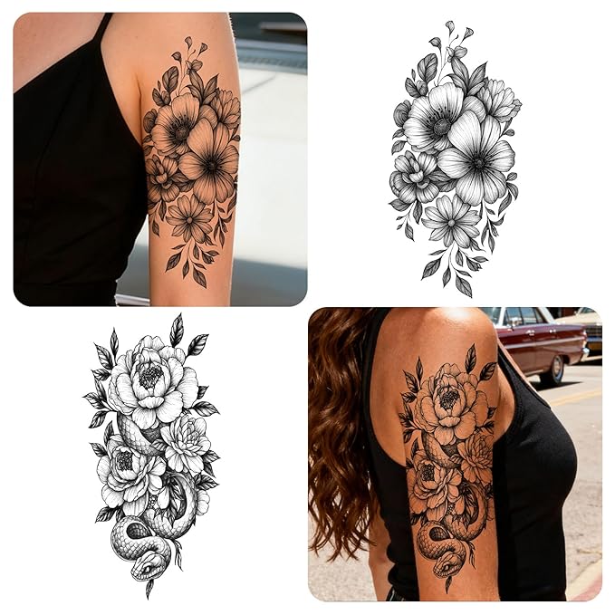 Yazhiji 92 Sheets Flower Temporary Tattoos For Women Arm Neck，Sunflower Serpent Peony Floral Rose Long Lasting Fake Tattoos For Adults Girl, Large Sexy Flowers Collection Waterproof Temporary Tattoos