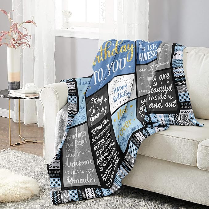 Ivivis Birthday Gifts for Women Girls Throw Blanket 60"X50" Blue, Happy Birthday Decorations for Woman, Gifts for Women Birthdays Unique, Womens Bday Gift Ideas for Her Friend Mom Sister Grandma Wife