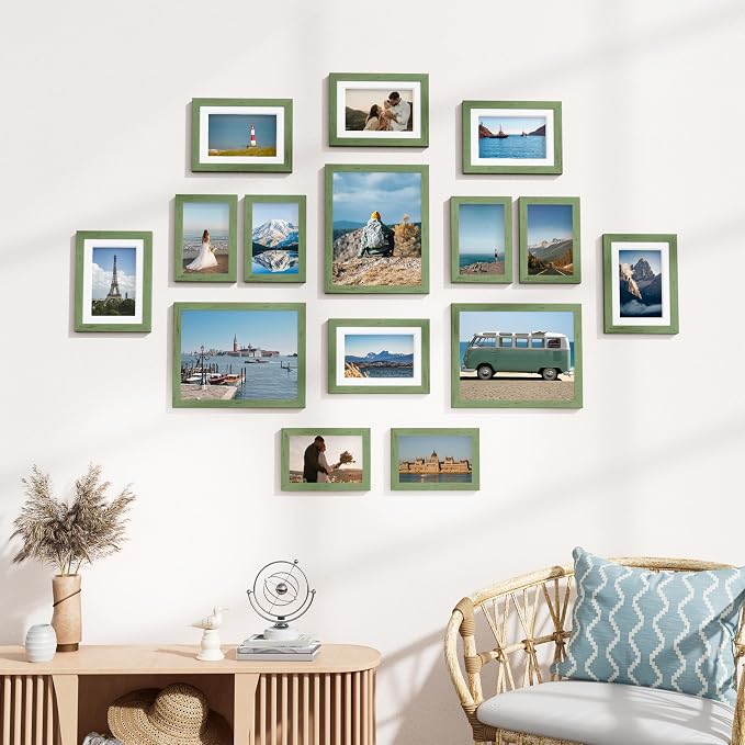 Vittanly 15 Pack Picture Frames Collage Wall Decor, Wall/Tabletop Display | Rustic Green, Multi-Size Gallery Wall Frame Set: 3pcs 8x10, 6pcs 5x7, 6pcs 4x6. Picture Frame Set for Family