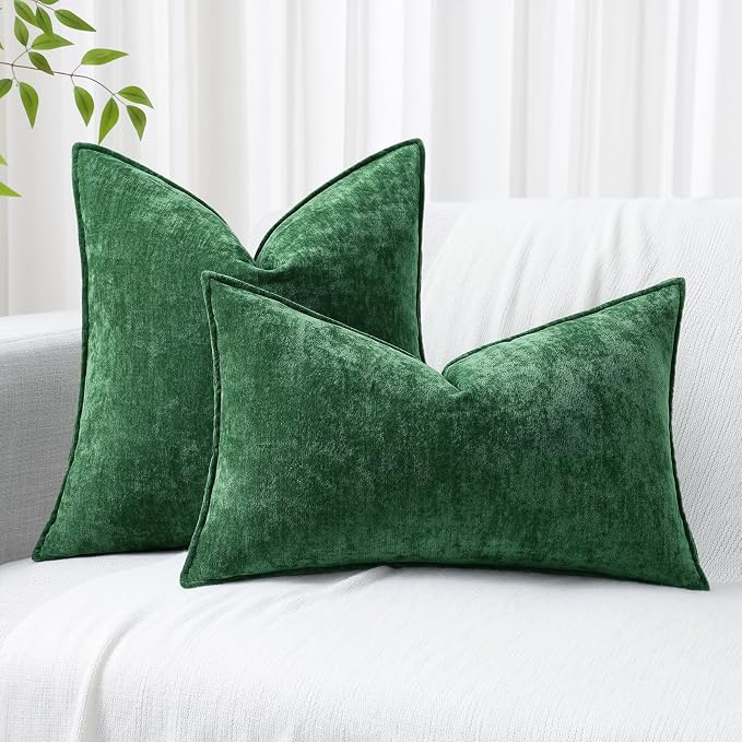 decorUhome Chenille Green Velvet Throw Pillow Covers 18x18 Set of 2 | Fall Soft Couch Decorative Modern Farmhouse Pillow Cases with Elegant Design for Sofa Bed Living Room Home Decor