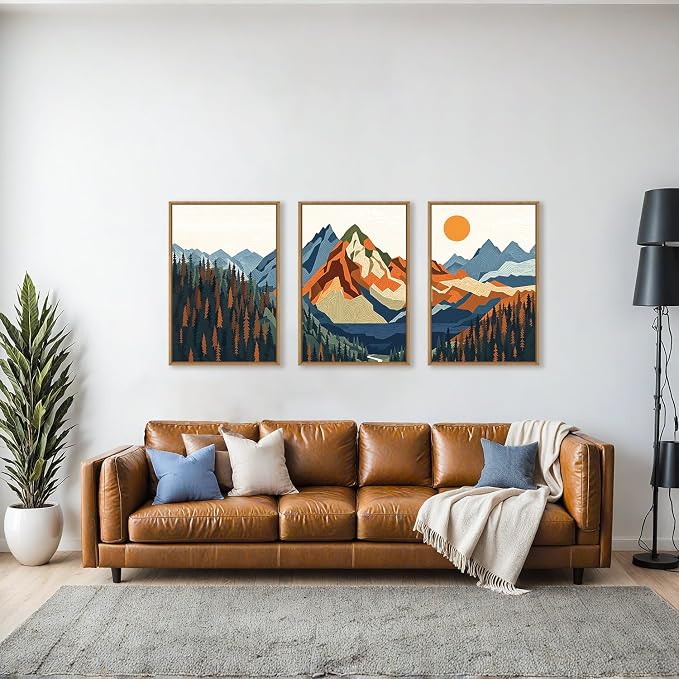 FWIEXA Vintage Mountain Framed Canvas Wall Art Set, Boho Sunrise Wall Prints, Abstract Nature Forest Artwork, Retro Lake Sunset Painting, 3 Panel 24x36 Inches Modern Rustic Decor for Living Room, Bedroom, Office
