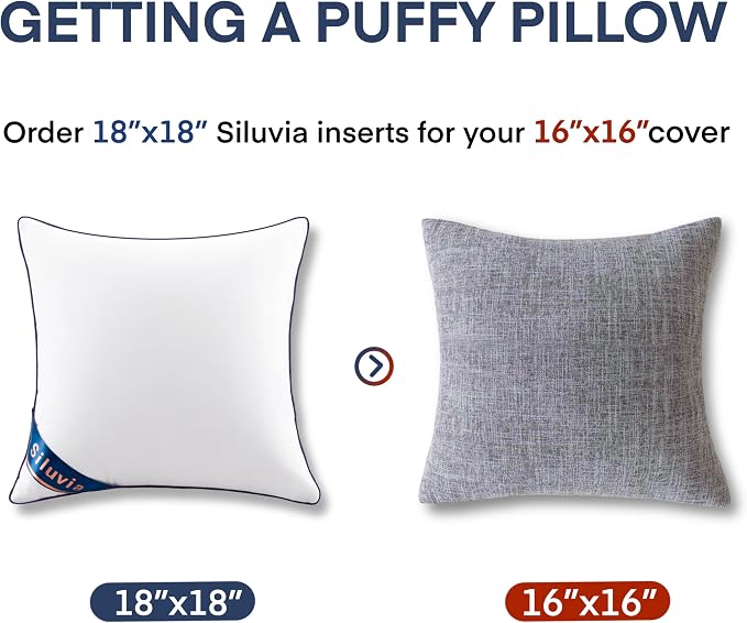 Siluvia 18"x18" Pillow Inserts Set of 2 Decorative Square Throw 18" Pillows with 100% Cotton Cover for Sofa, Couch, and Bed - White | 100% Premium Polyester Fill, Fluffy & Soft with Comfy Support - White Decorative Cushion Inserts for Couch, Sofa & Bed