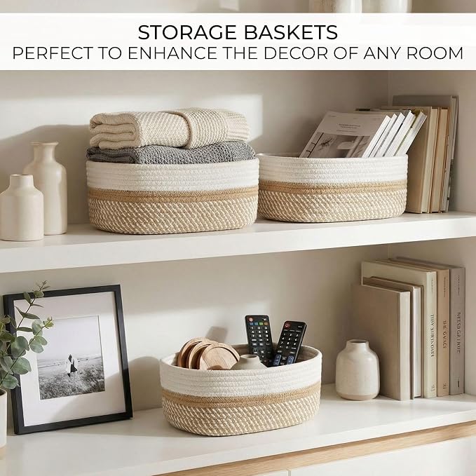 Beautiful Storage Basket Set of 3 - Sturdy Rope Baskets for Shelves | Perfect for Organizing Your Home - Quality Storage Bins Easily Fit with Any Nursery or Bedroom Decor