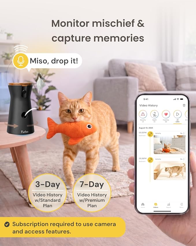 Furbo 360° Cat Camera [Paid Plan Required to Activate] | Stay connected with AI Cat & Home Safety Alerts, Auto-Tracking, Video History & 2-Way Audio. Plan Req. (3mo min)