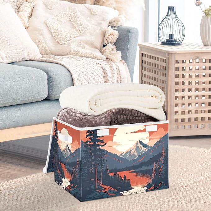 Mountains Trees Storage Bins with Lids and Carrying Handle,Foldable Storage Boxes Organizer Containers Baskets Cube with Cover for Home Bedroom Closet Office