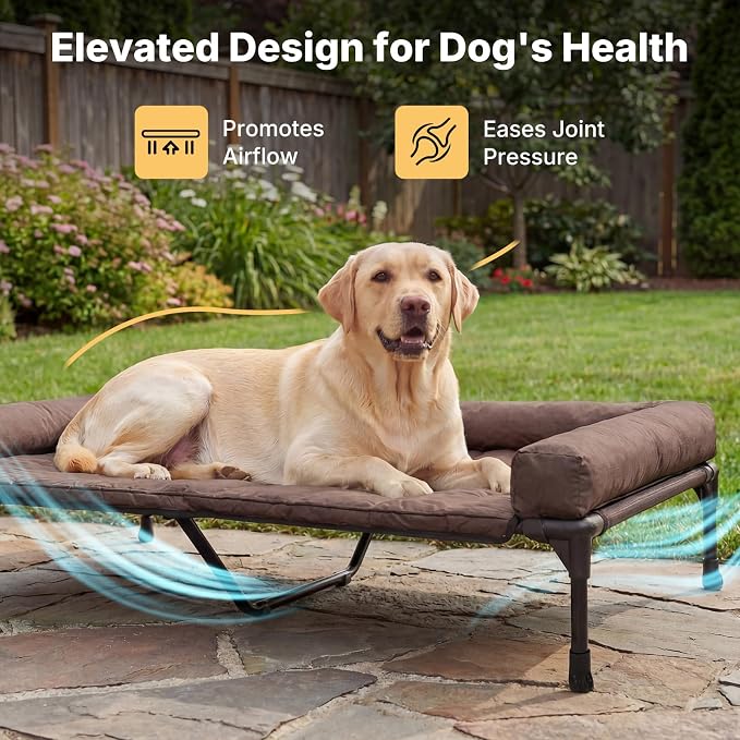Veehoo Outdoor Elevated Dog Bed with Waterproof Bolster Cushion, Cooling | Raised Dog Bed with Removable & Washable Mat Topper, Breathable Mesh, Dog Couch Cot for Indoor Outdoor, 53", Large, Brown