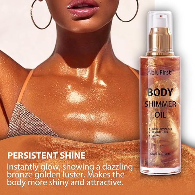 Shimmer Body Oil 100ml Face Glitter Summer Body Moisturizing Light Shimmering Glow Non-Sticky Party Luminizer and Illuminator Smooth (3.38 Fl Oz Pack of 1, Bronze Gold)