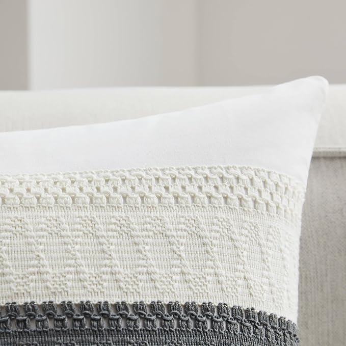 2pk Boho Pillow Covers 22x22, Natural White/Contrast/Charcoal | 100% Organic Cotton Body, Stripe Embroidery, Farmhouse Decorative Cushion Covers for Sofa Bed Living Room Home Decor