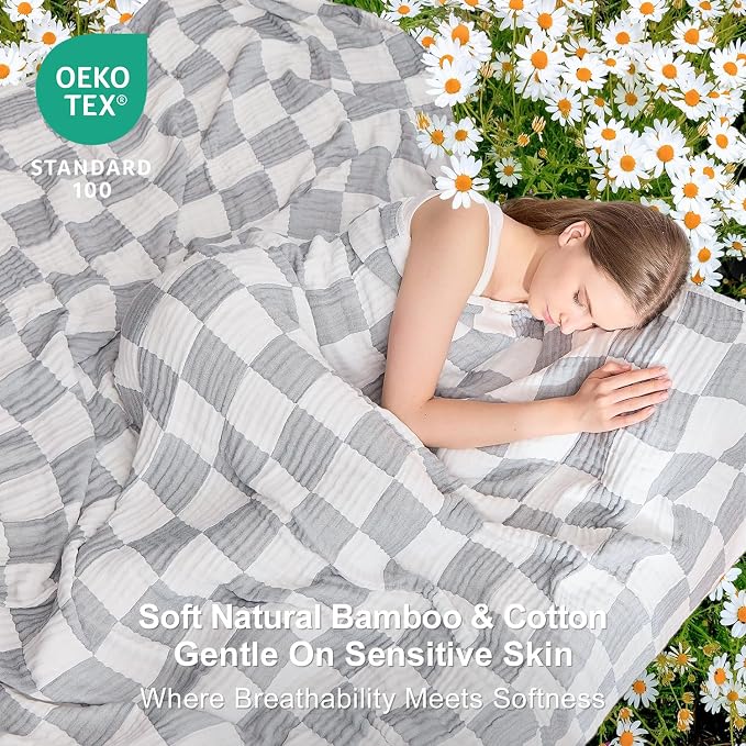EMME Cooling Muslin Twin XL Blanket - Checkered Lightweight Summer Cotton Blanket of Rayon Derived from Bamboo for Hot Sleepers, Ultra Soft Breathable Gauze