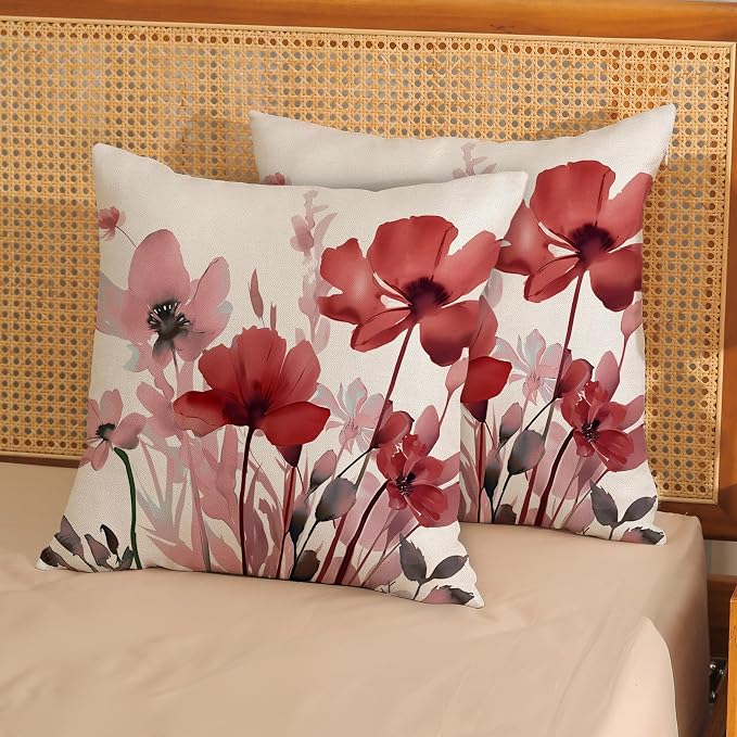 Spring Pillow Covers 18x18 Inches Set of 2 Pink Burgundy Red Floral Throw Pillow Covers Outdoor Rustic Summer Flower Decoration Pillowcase Farmhouse Decorative Cushion Cover For Home Sofa Couch