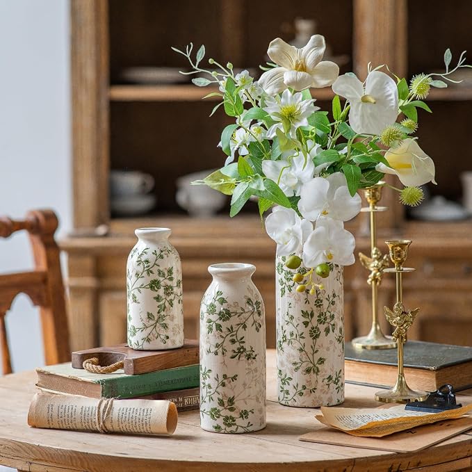 Teweiqi Vintage Vase Set of 3, Ceramic Flower Vases Chinoiserie Decor, Rustic Farmhouse Vases Retro Decorative Vases, for Home Living Room Kitchen Table Mantle Shelf Decor - Green and White