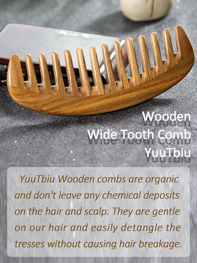 Yuutbiu Wide Tooth Green Sandalwood Detangler Comb - Wooden Hair Comb for Natural Hair, Curly/Thick Hair Knot Remover (No Handle, Scented Wood)