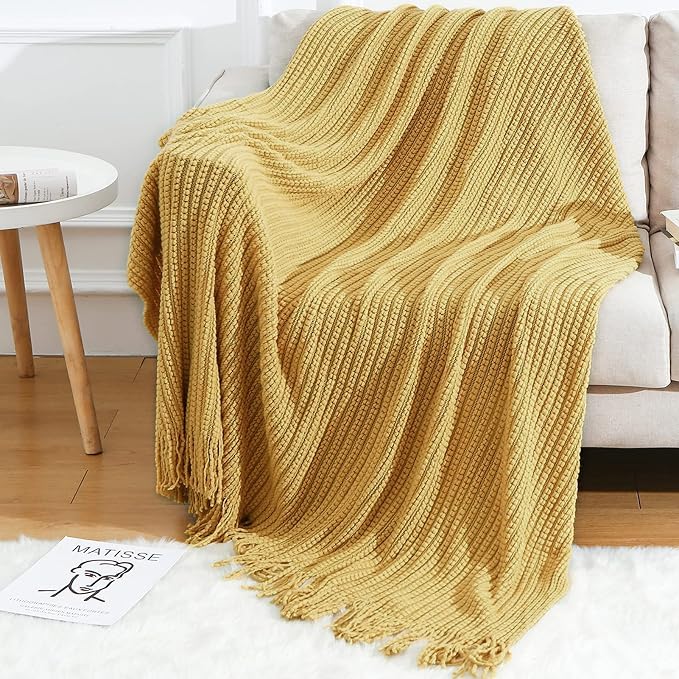 Blagic Knit Throw Blanket for Couch with Tassels,Mustard Yellow,50"x60" | Soft Farmhouse Boho Throw Blanket with Tassels,Decorative for Living Room,Gifts for Adults,All Season Use