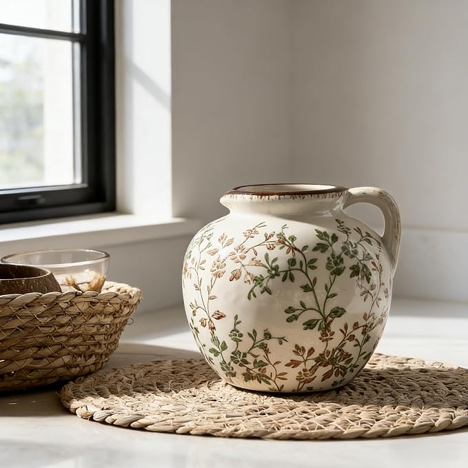 Green and Beige Antique Vase, 5.39 Inch Vintage Chinoiserie Floral Vase, Rustic Ceramic Vase for Home Decor, Living Room, Bookshelf, Office, Entryway, Garden, Chinoiserie Decor, Tuscan Decor