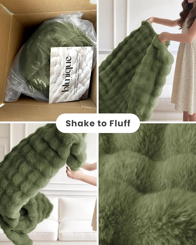 Ultra Soft Cozy Faux Fur Throw Blanket, Fuzzy Plush Thick Bubble Blanket, Oversize Luxury Fluffy Blanket for Couch, Sofa, Bedroom, and Living Room,50x60 Inches,Green