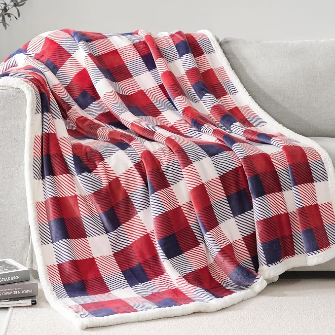 Sherpa Plaid Twin Blanket 60" X 70", Fuzzy Fluffy Soft Cozy Throw Blanket, Twin Size Plush Fleece Flannel Plush Microfiber Blanket for Couch Bed Sofa (Red Color)