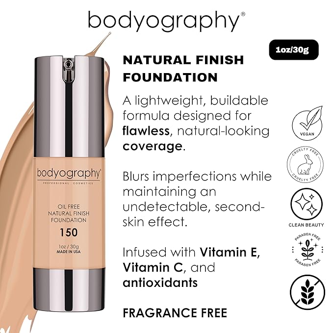 Bodyography Natural Finish Foundation (Medium/Neutral #160) | Oil-Free, Anti-Aging Salon Foundation with Vitamin E & C | Photo-Ready, Skin-Perfecting Coverage | Vegan, Gluten-Free, Paraben-Free