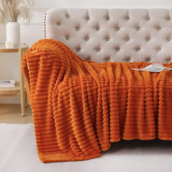 Orange Throw Blanket for Couch Sofa 60x80 inches Striped Design | Fleece Blankets Room Home Decor Lightweight Plush Soft Cozy Gifts for Women Mom