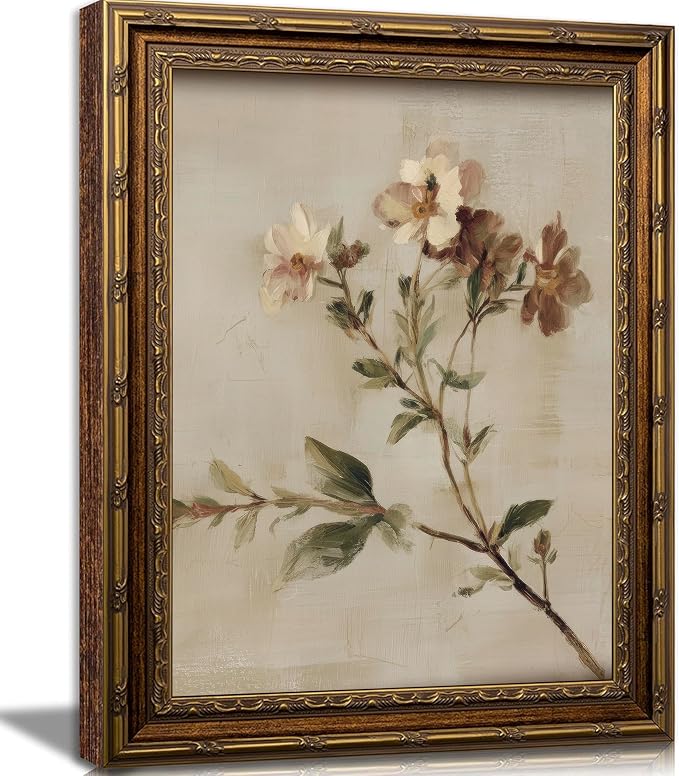 Wildflower Wall Art, Vintage Gold Framed Botanical Canvas, 12 x 16 in | Rustic farmhouse floral print for living room, bedroom, kitchen, hallway, cottagecore or country home decor.