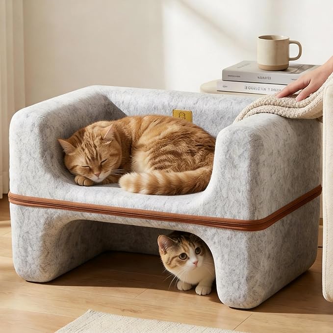 Large Cat Bed for Indoor Cats, 2-Tier Cat Cave Bed with Top Lounge & Lower Hideaway, Washable PET Felt Cat Sofa for Living Room, Bedroom, Apartment, Scratch-Friendly Cat Furniture, Light Gray