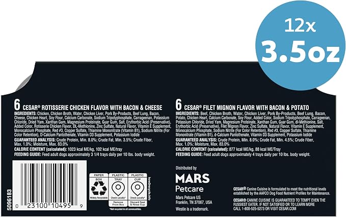 Cesar Loaf & Topper Wet Dog Food, Chicken & Filet, 3.5 oz, 12 Count, 2-Pack | Real beef or chicken #1 ingredient, no fillers or added sugar, no artificial flavors, complete & balanced, easy peel trays