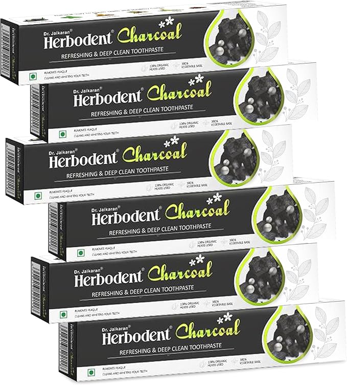 Herbodent® Charcoal Toothpaste - 6.53 Oz Pack of 6 | Whitens Teeth & Fresh Breath | No Bleach, No Fluoride | Activated Bamboo Charcoal & Organic Herbs -Wheat Germ Oil, Thyme Oil, Clove Oil