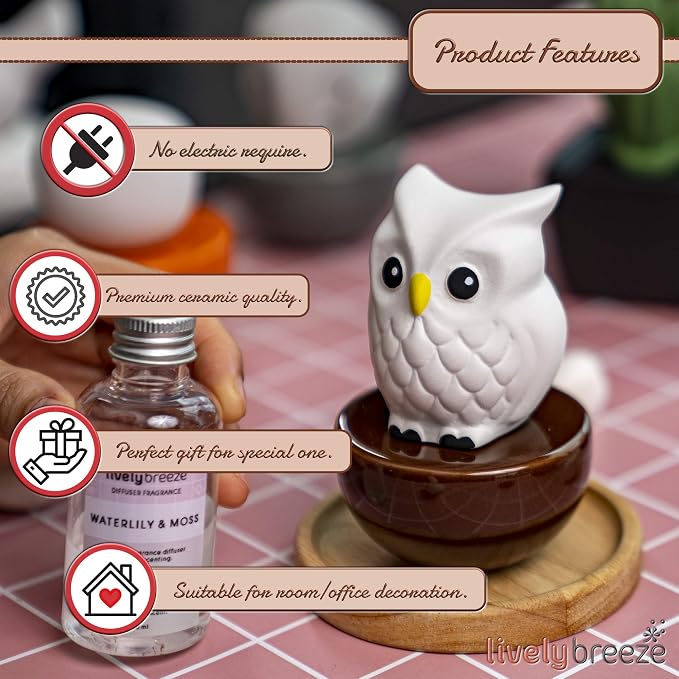 Blinky Owl, Non-Electric Ceramic Diffusers for Essential Oils and Aromatherapy Fragrance, White Ceramic Diffusers in Car or Desk Office Decor and Small Bathroom at Home, Brown Vase