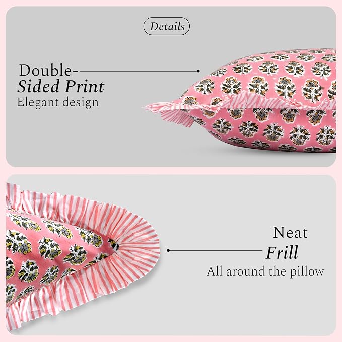 CPC Poppy Pink Ruffle Throw Pillow Covers for Couch, 24x24 Inch Cotton Stripe Ruffle Couch Pillows for Living Room, Hidden 20 Inch Zipper Boho Pillow Case or Cute Outdoor Pillows