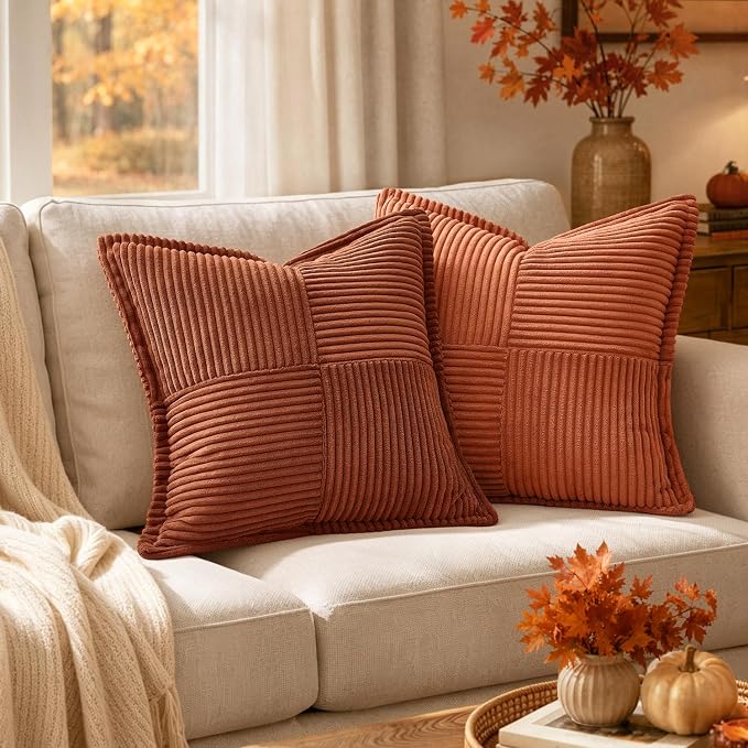 MIULEE Fall Burnt Orange Decorative Throw Pillow Covers for Couch 18x18 in | 2 Pack, Terracotta Boho Broadside Striped Patchwork Pillow Covers, Soft Corduroy Cushion Cases, For Sofa Bed Livingroom