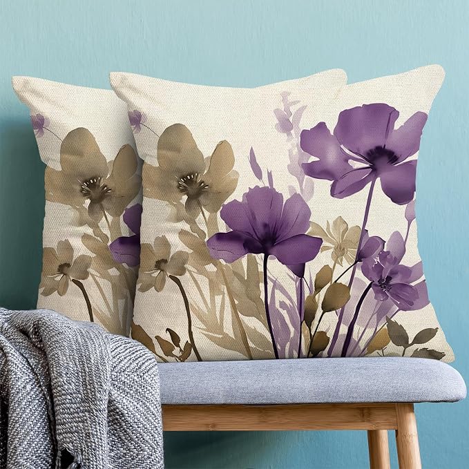 Spring Floral Pillow Covers 18x18 Inches Set of 2 Brown Purple Floral Throw Pillow Cover Outdoor Summer Flower Decoration Pillowcase Farmhouse Decorative Linen Cushion Cover for Home Couch