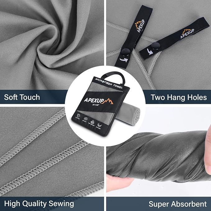 APEXUP Microfiber Travel Towel, Ultra Absorbent Quick Dry Towels, Lightweight Gym Sports Camping Towel for Workout, Yoga, Beach, Shower, Swimming (24"×12", Gray)