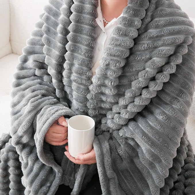 Grey Fleece Throw Blanket 50”×60” for Couch Sofa Livingroom | Super Soft Cozy Plush Microfiber Flannel Bed Blanket Striped Design Lightweight Home Decor Gifts for Adults Mom Women