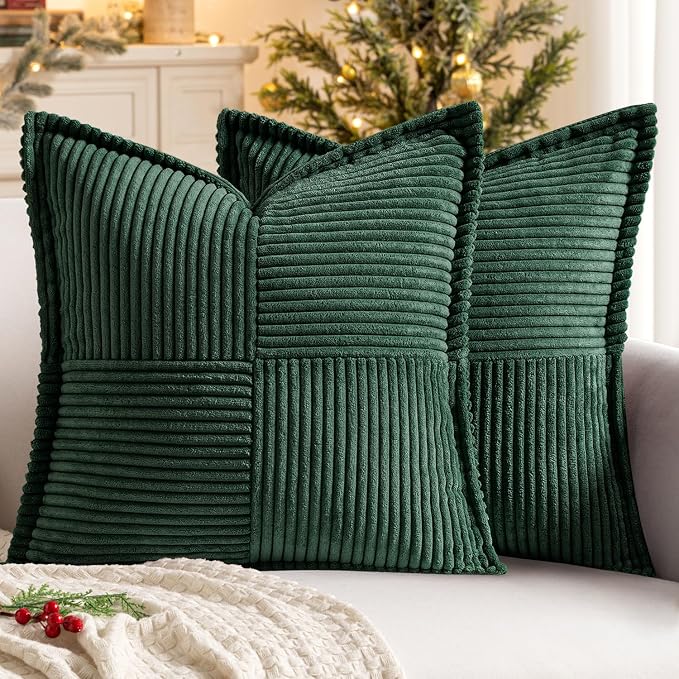 MIULEE Decorative Euro Sham Throw Pillow Covers 22x22 Inch Dark Green | 2 Pack, Boho Broadside Striped Patchwork Pillow Covers, Soft Corduroy Cushion Cases, For Bed Sofa Couch Livingroom Home Decor