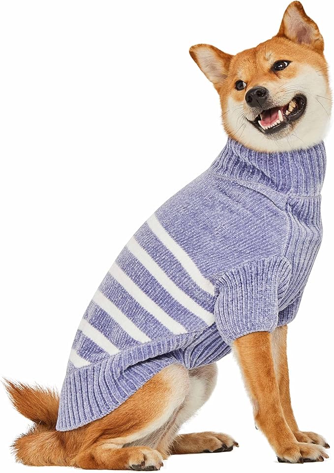 Blueberry Pet Cozy Soft Chenille Classy Striped Dog Sweater in Stonewash Blue, Back Length 22", Pack of 1 Clothes for Dogs