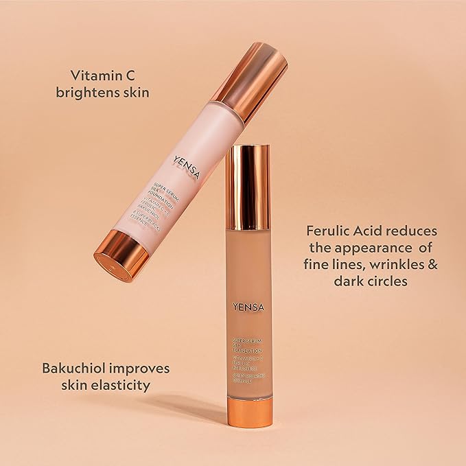 YENSA Serum Foundation Makeup - Super Silk Full Coverage Foundation Enriched with Peptides, Vitamin C & Ferulic Acid to Help Reduce Fine Lines, Wrinkles & Dark Circles - Medium 3 (1 oz)